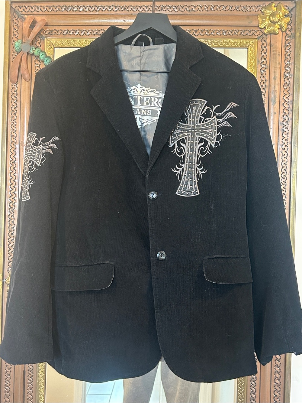 Montero Jeans  Black Corduroy Blazer with Embroidered Cross Motifs